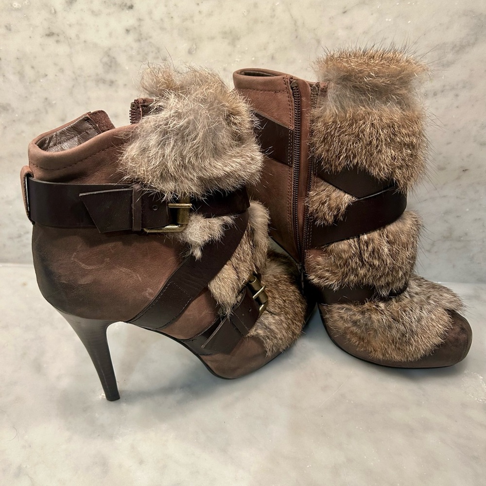 Ash Brown Suede Fur-Accented Heeled Boots